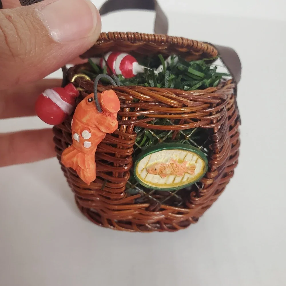 Christmas Tree Ornament Basket  Fishing Bear Fisherman Fish Theme Lot  Of 2